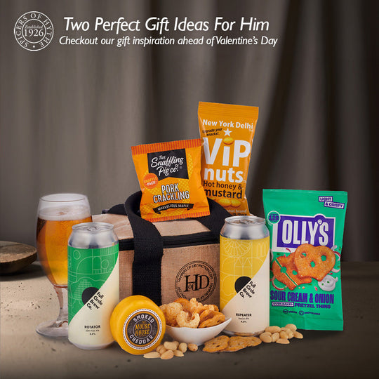Two gift ideas for him, including the beer cool bag gift pictured, including beers from Full Circle Brew Co. 
